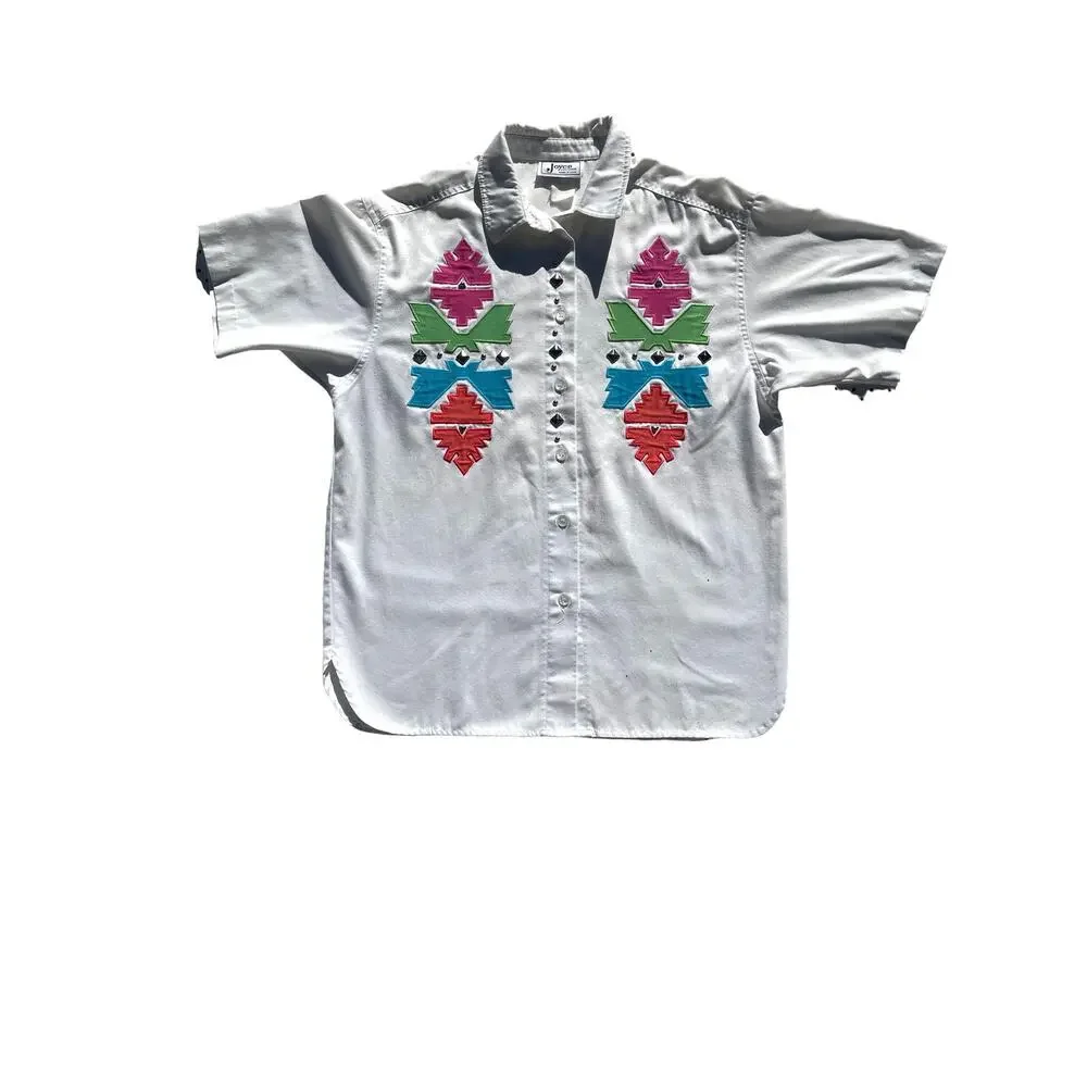 Vintage White Button Up Shirt XL Southwestern Design Studded Size XL Cowgirl